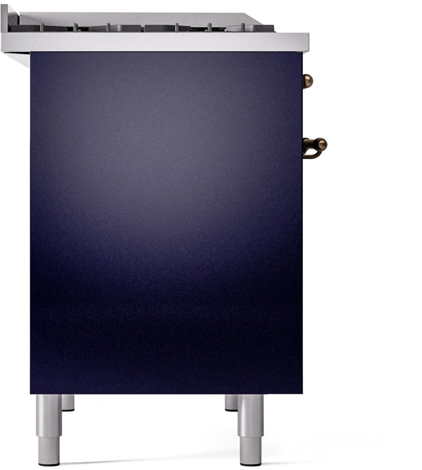 Midnight blue freestanding range side panel with bronze corner hardware and gray leveling feet