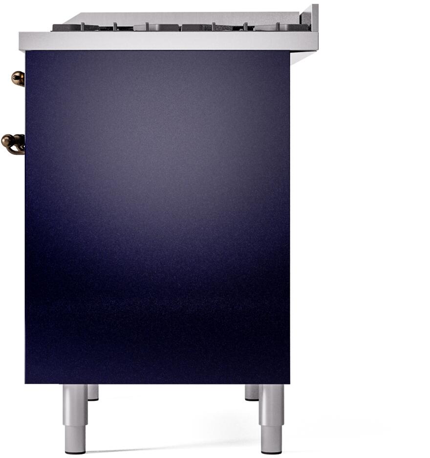 Midnight blue freestanding range back panel corner with bronze hinges and gray leveling feet