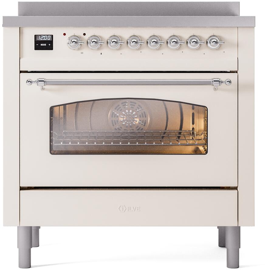 Freestanding electric induction range with open oven door, chrome knobs, and bake interior