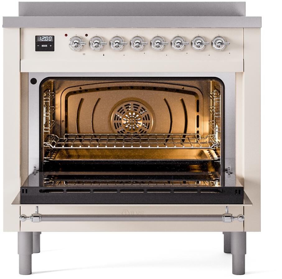 Freestanding electric induction range with oven door open, visible heating elements and racks