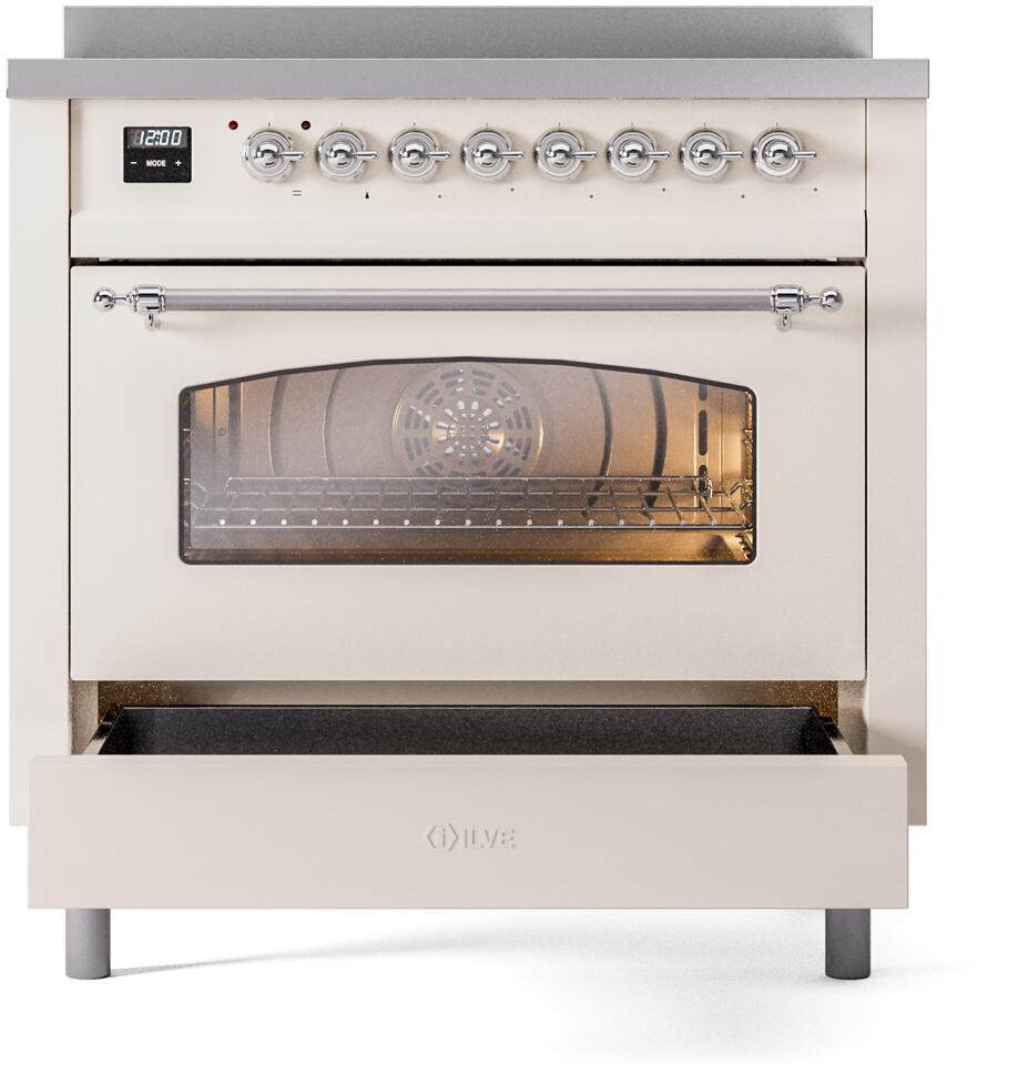 Freestanding electric induction range with oven door open and control panel with knobs