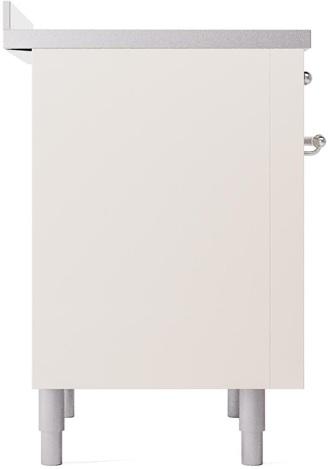Freestanding electric induction range side panel in antique white with gray feet