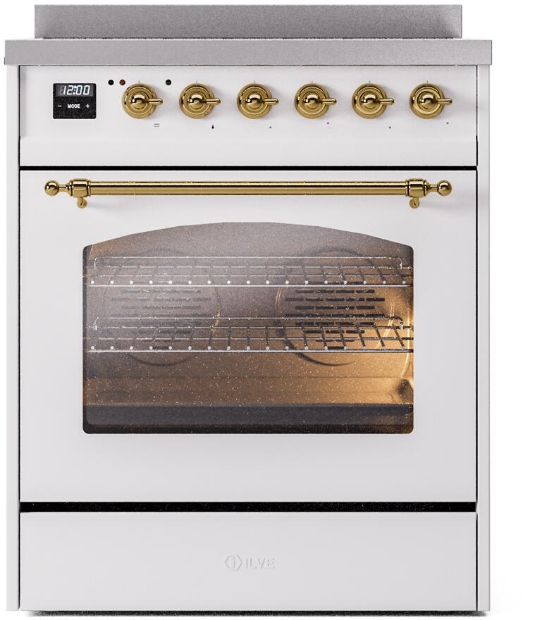 White freestanding electric induction range with brass-trimmed oven handle and control knobs.