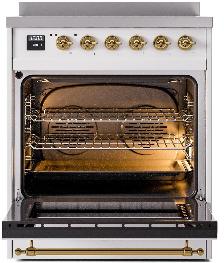 Open oven cavity of a white electric induction range with brass accents and wire racks.