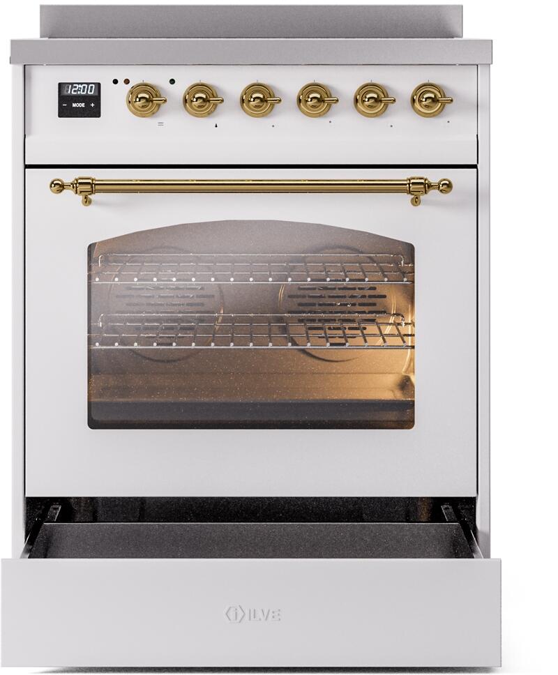 White freestanding electric induction range with brass oven handle, glass window, and control knobs.