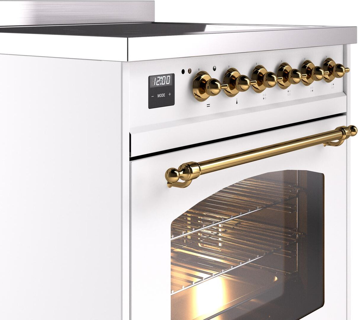White electric induction range control panel with brass knobs and brass oven handle below.