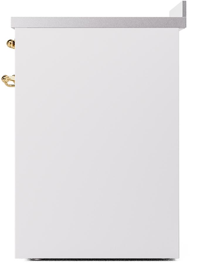 White lower side panel of a freestanding electric induction range with brass trim at the edge.