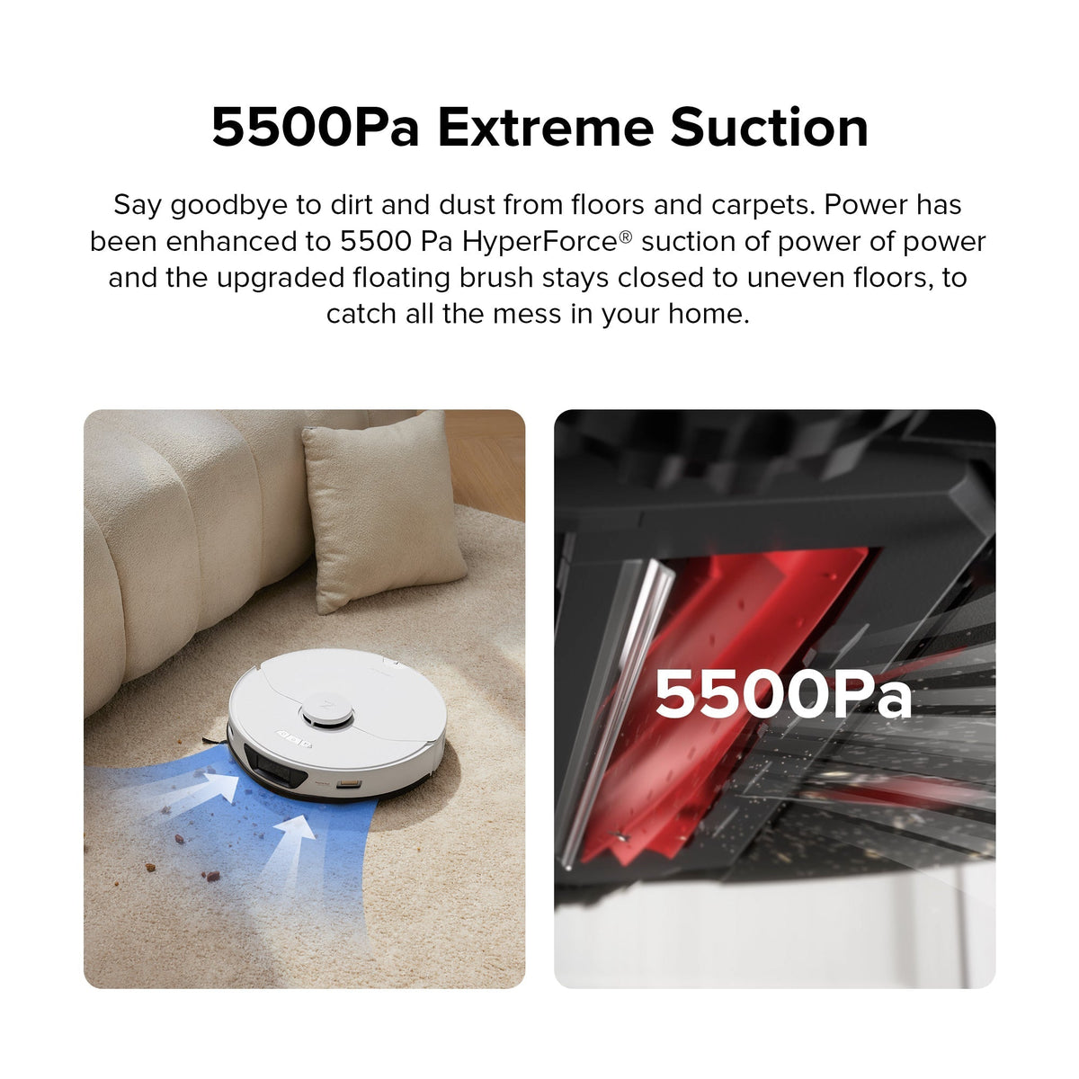 Robot vacuum on carpet in a suction power feature panel