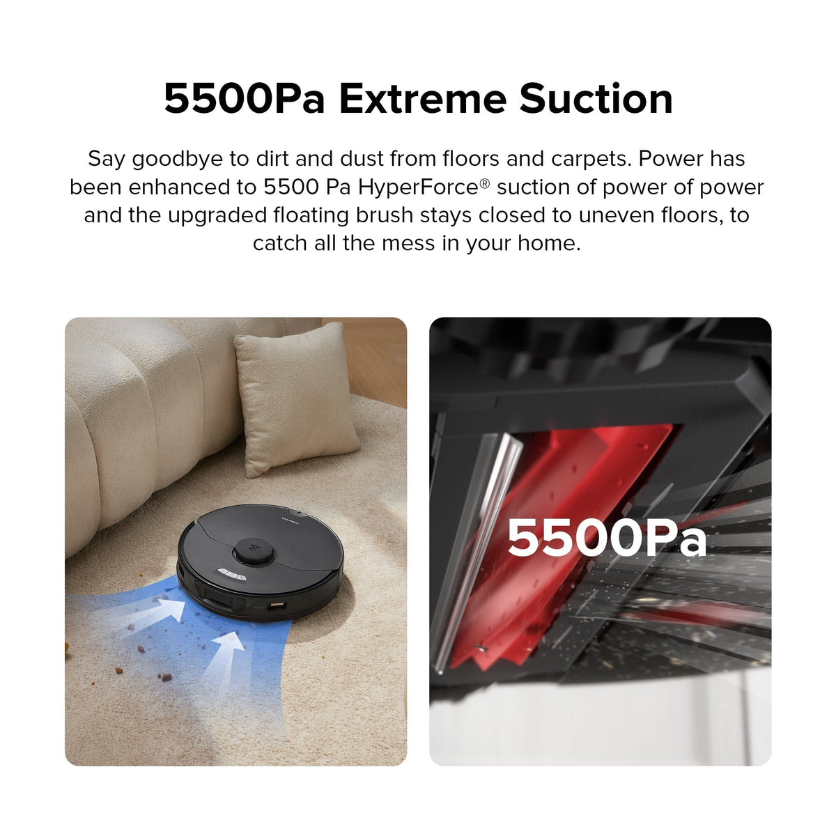 Robot vacuum on carpet with dust suction effect shown near the brush area