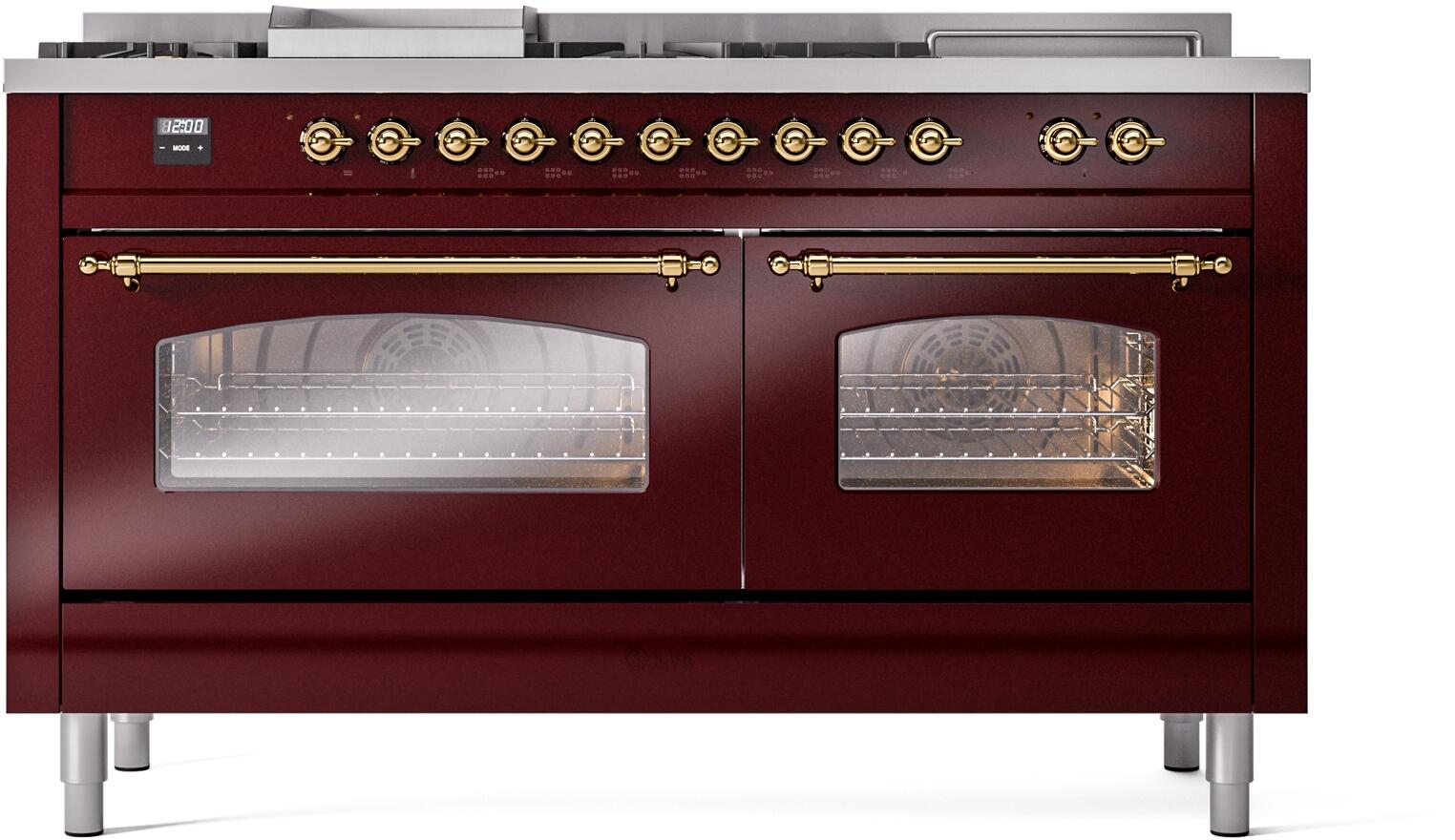 Burgundy dual fuel range with two glass oven doors and brass-trim control knobs