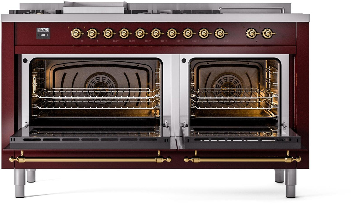 Burgundy range with two open oven compartments, racks, and brass trim
