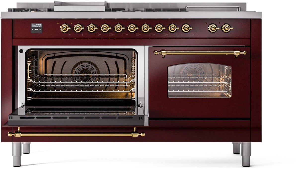 Burgundy dual fuel range with brass trim, open ovens with racks and cookware supports