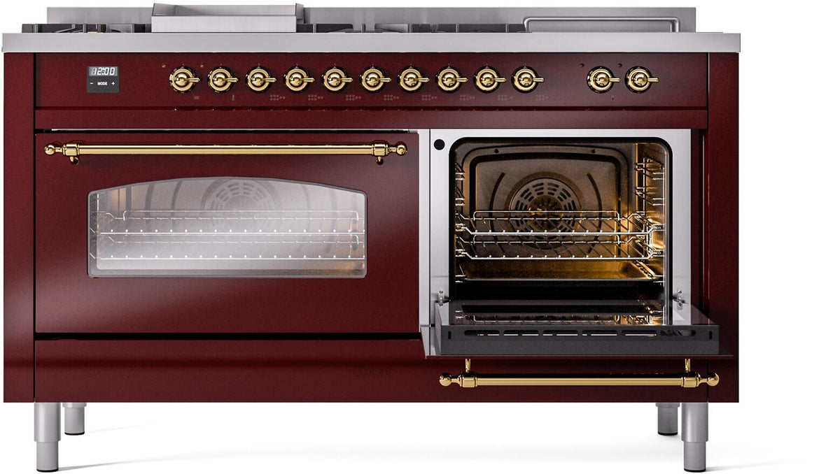 Burgundy range with left glass door closed and right oven open with racks