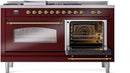 ILVE Nostalgie II 60-Inch Dual Fuel Range with 7 Burners, Griddle, & French Top with Triple Glass Door Oven in Burgundy with Brass Trim (UP60FSNMPBUG)
