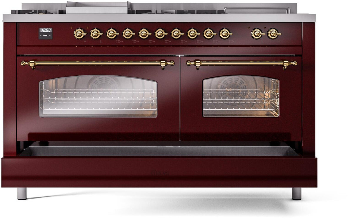 Burgundy dual fuel range with two glass oven doors and brass trim