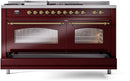 ILVE Nostalgie II 60-Inch Dual Fuel Range with 7 Burners, Griddle, & French Top with Triple Glass Door Oven in Burgundy with Brass Trim (UP60FSNMPBUG)