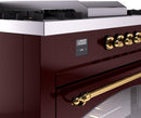 ILVE Nostalgie II 60-Inch Dual Fuel Range with 7 Burners, Griddle, & French Top with Triple Glass Door Oven in Burgundy with Brass Trim (UP60FSNMPBUG)