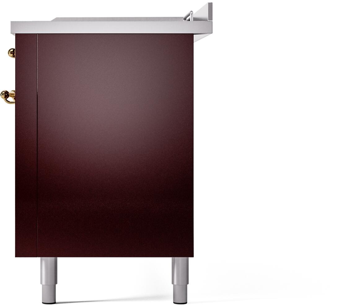 Burgundy range side panel with brass door handle and adjustable feet