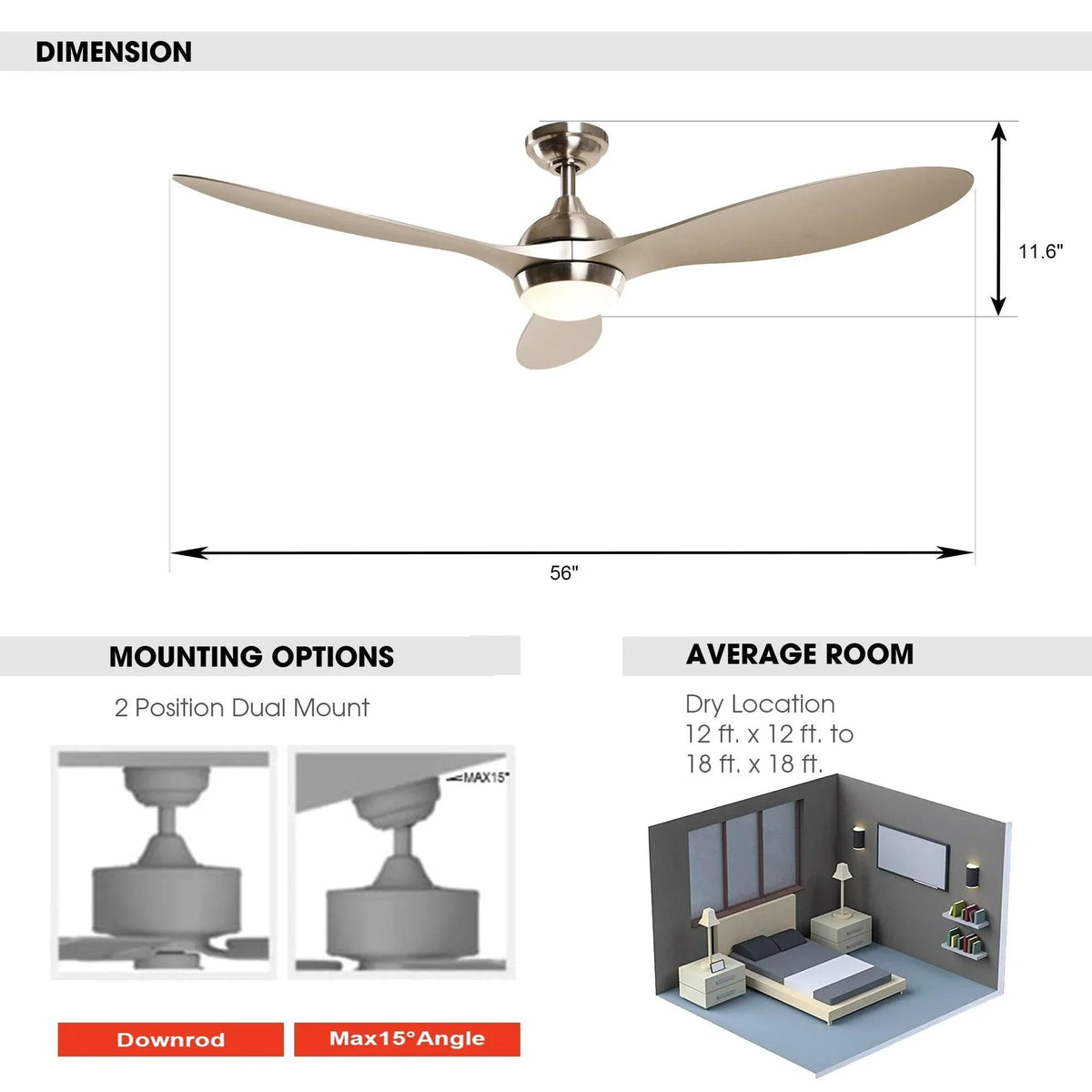 Brushed nickel ceiling fan size diagram with mounting options and room layout.