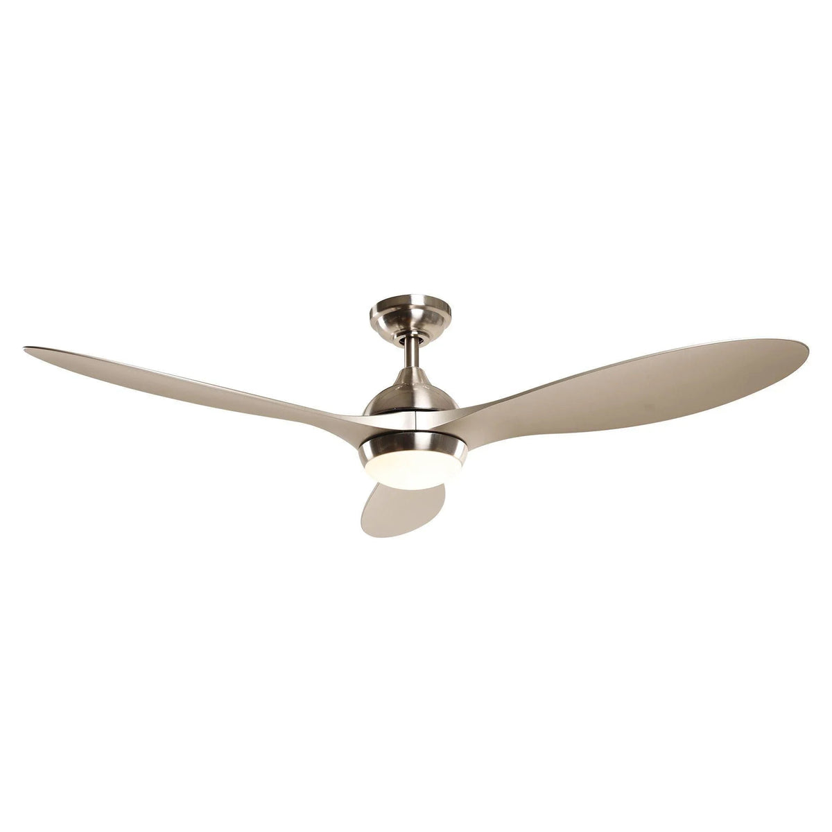 Brushed nickel ceiling fan with three beige blades, integrated light, downrod mount.