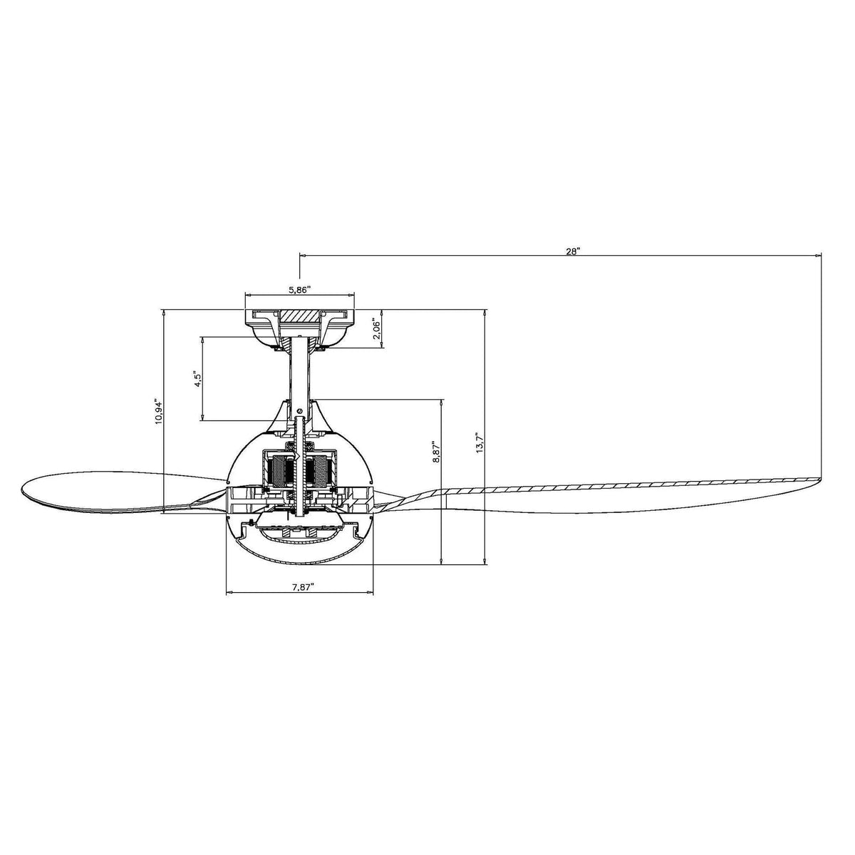 Brushed nickel ceiling fan technical diagram showing downrod mount and blade layout.
