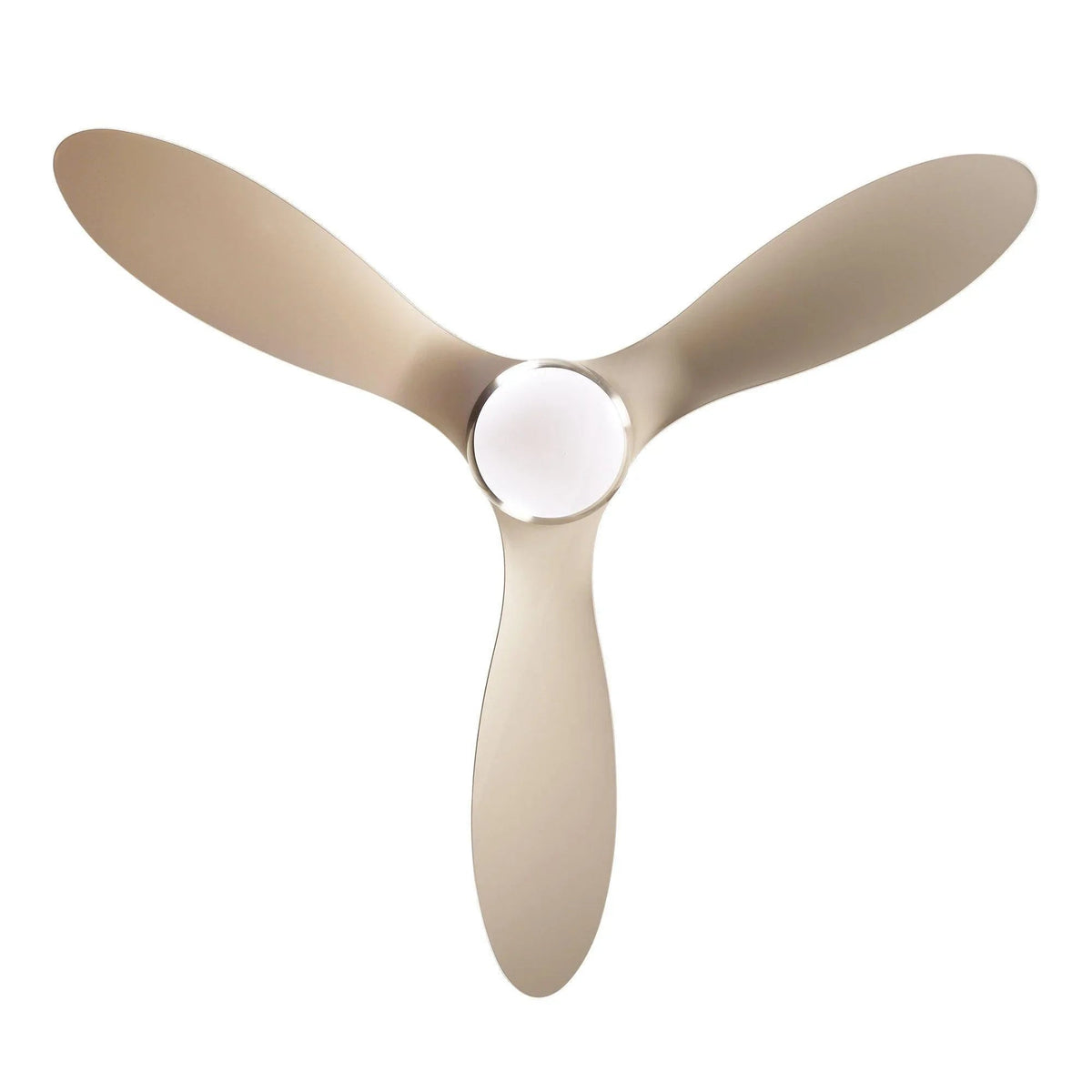 Brushed nickel ceiling fan with three beige blades and white frosted light globe, front view.