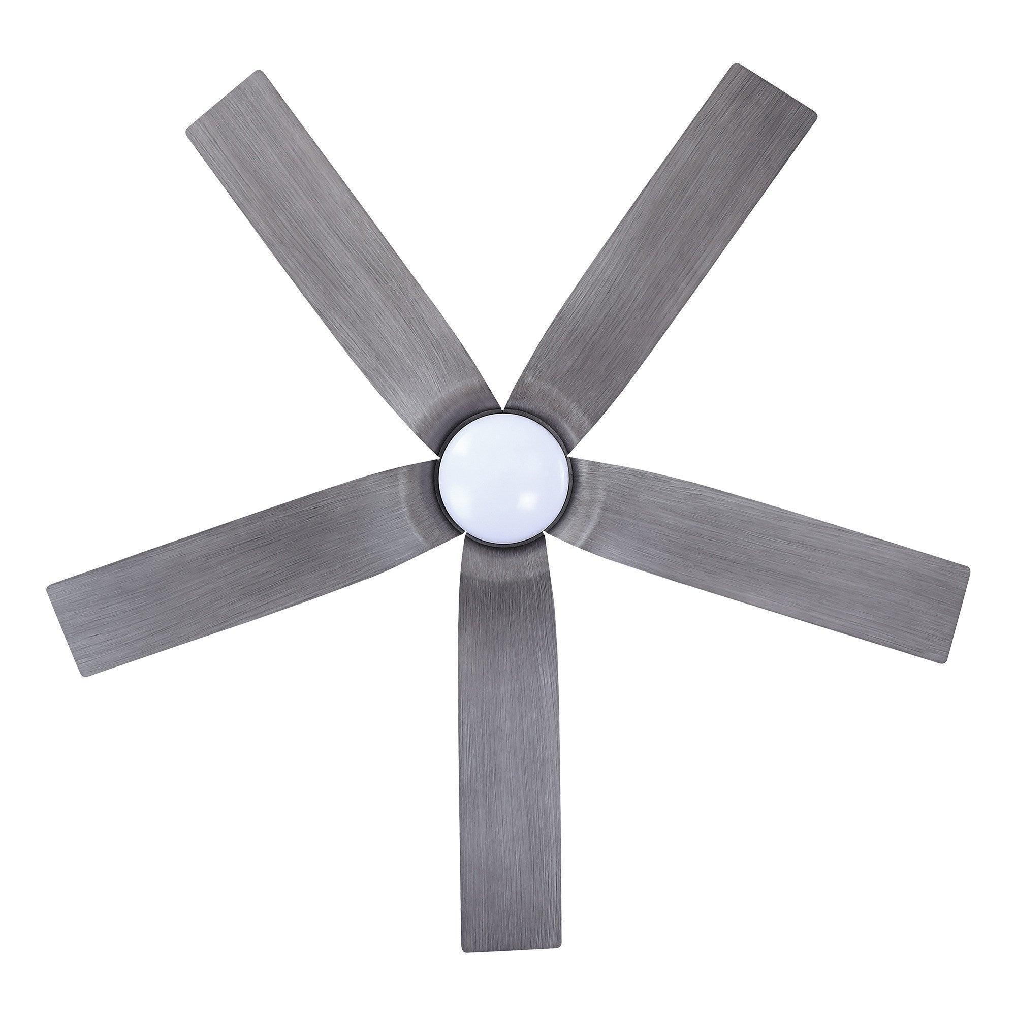Ceiling fan with 5 gray blades and round white light diffuser