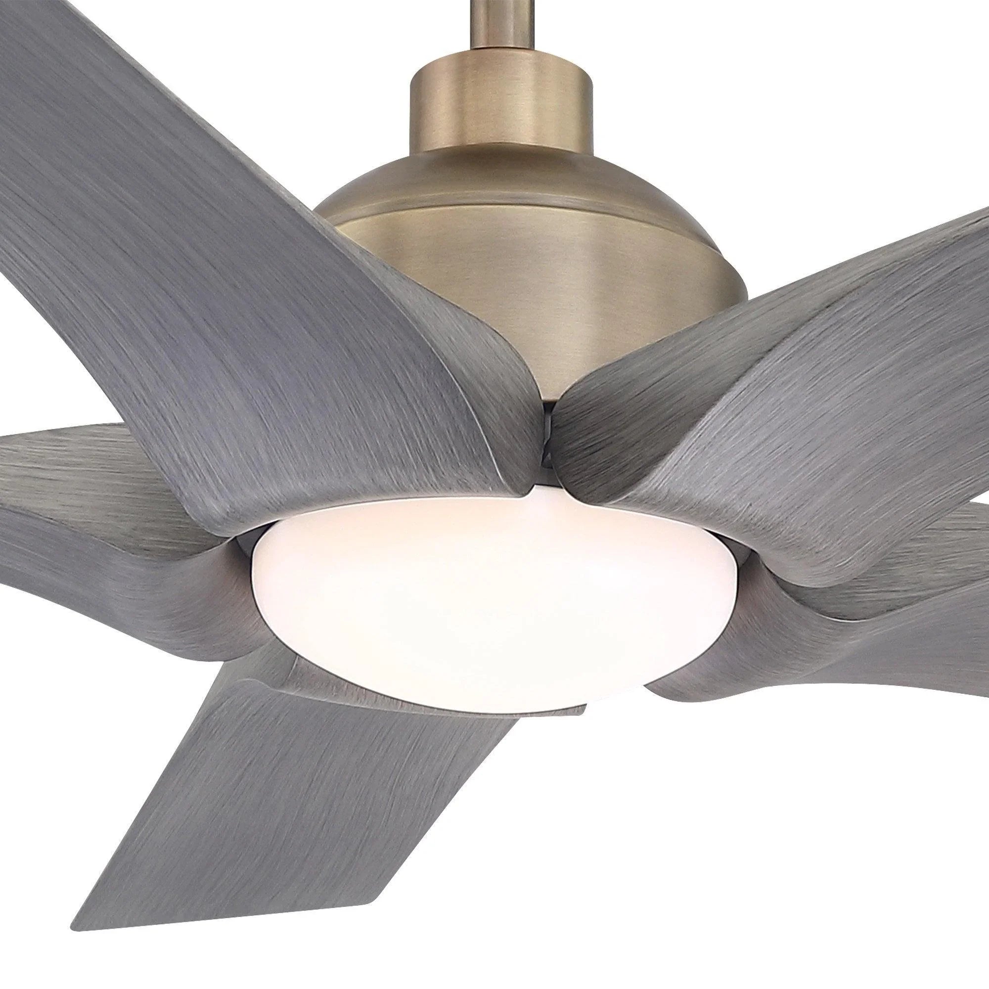 Ceiling fan with gray blades and round frosted light kit under the motor housing