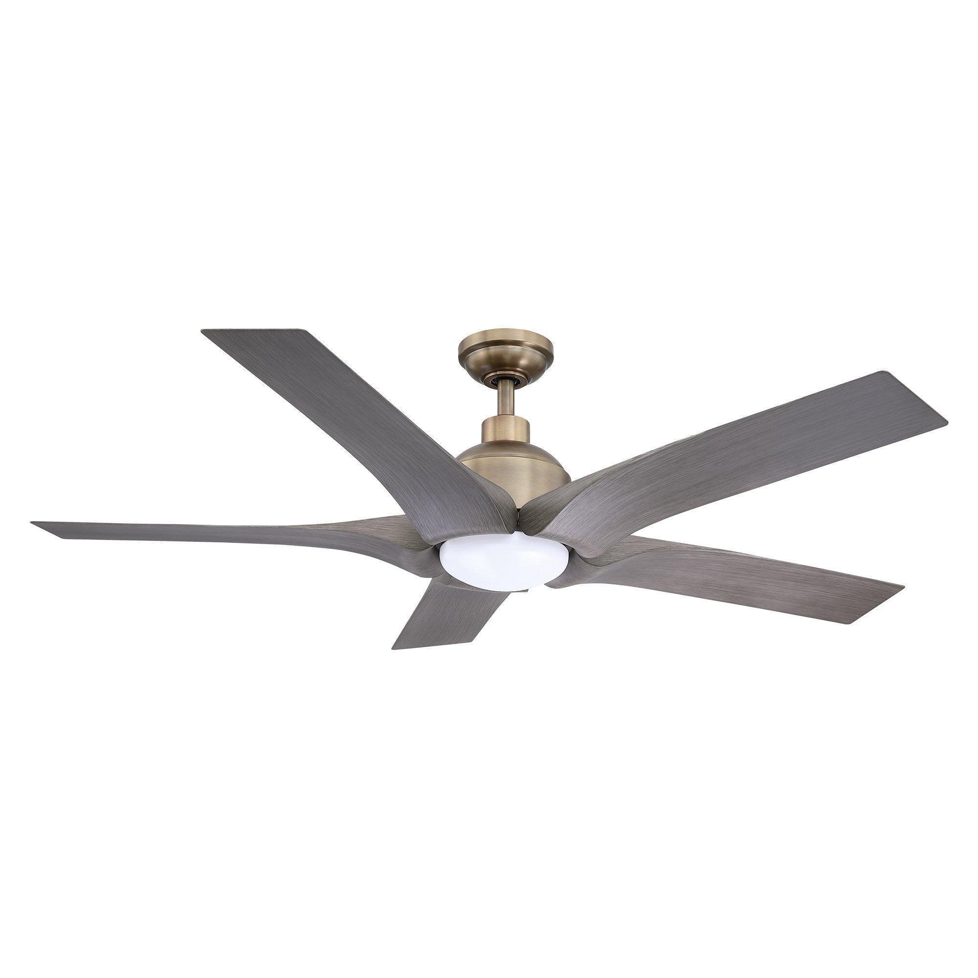 Ceiling fan with oil-rubbed bronze motor mount and 5 gray blades