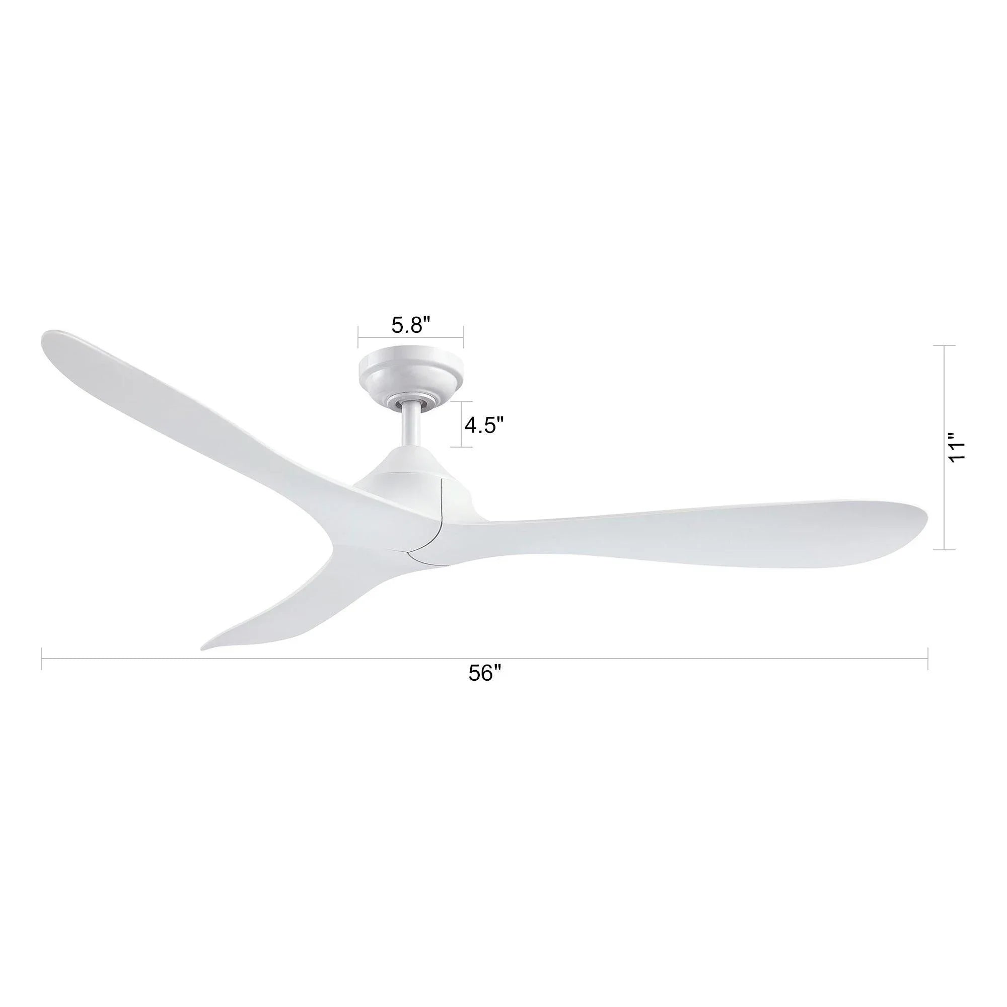 White ceiling fan with five blades, dimensions diagram
