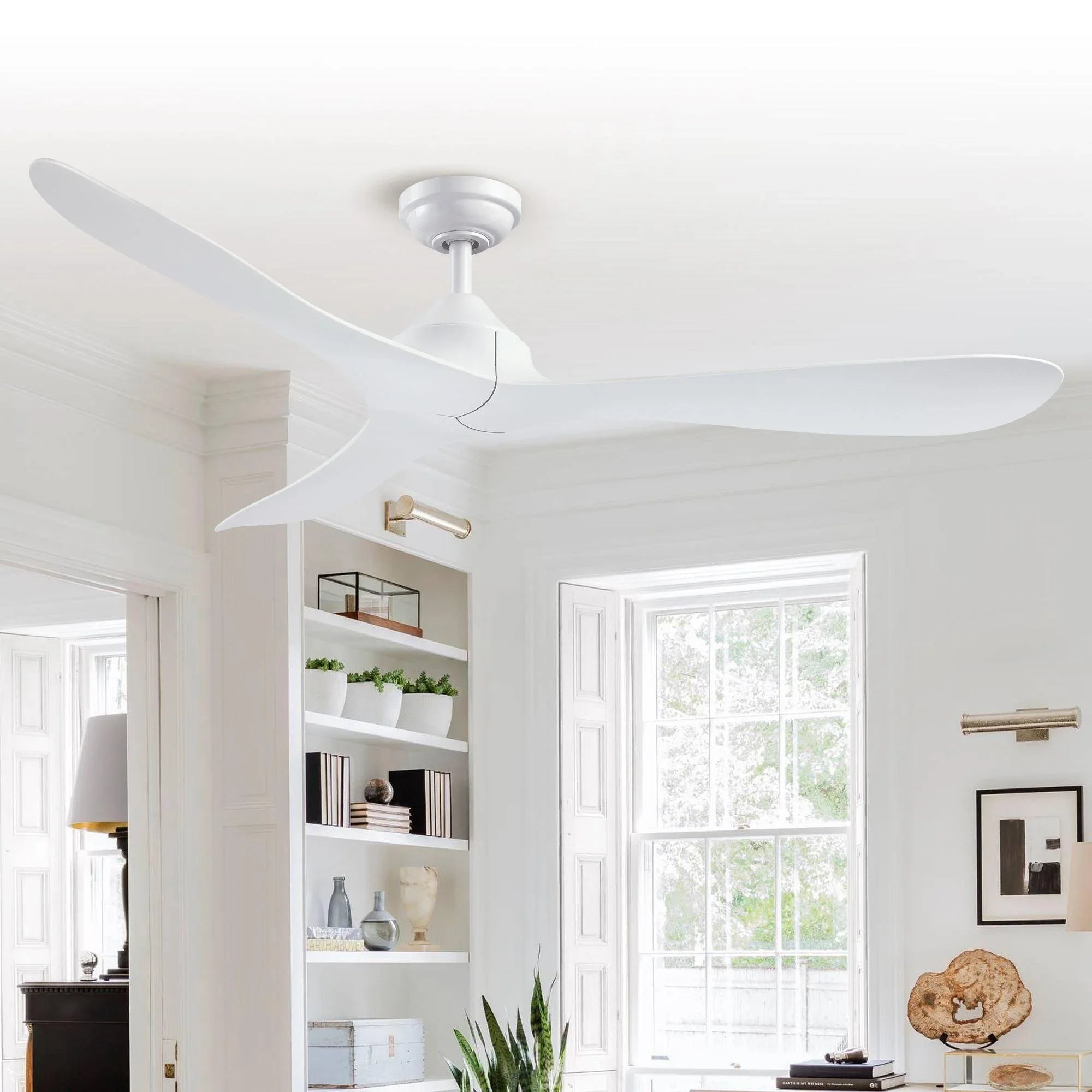 White modern ceiling fan with five blades, downrod mount, and remote control