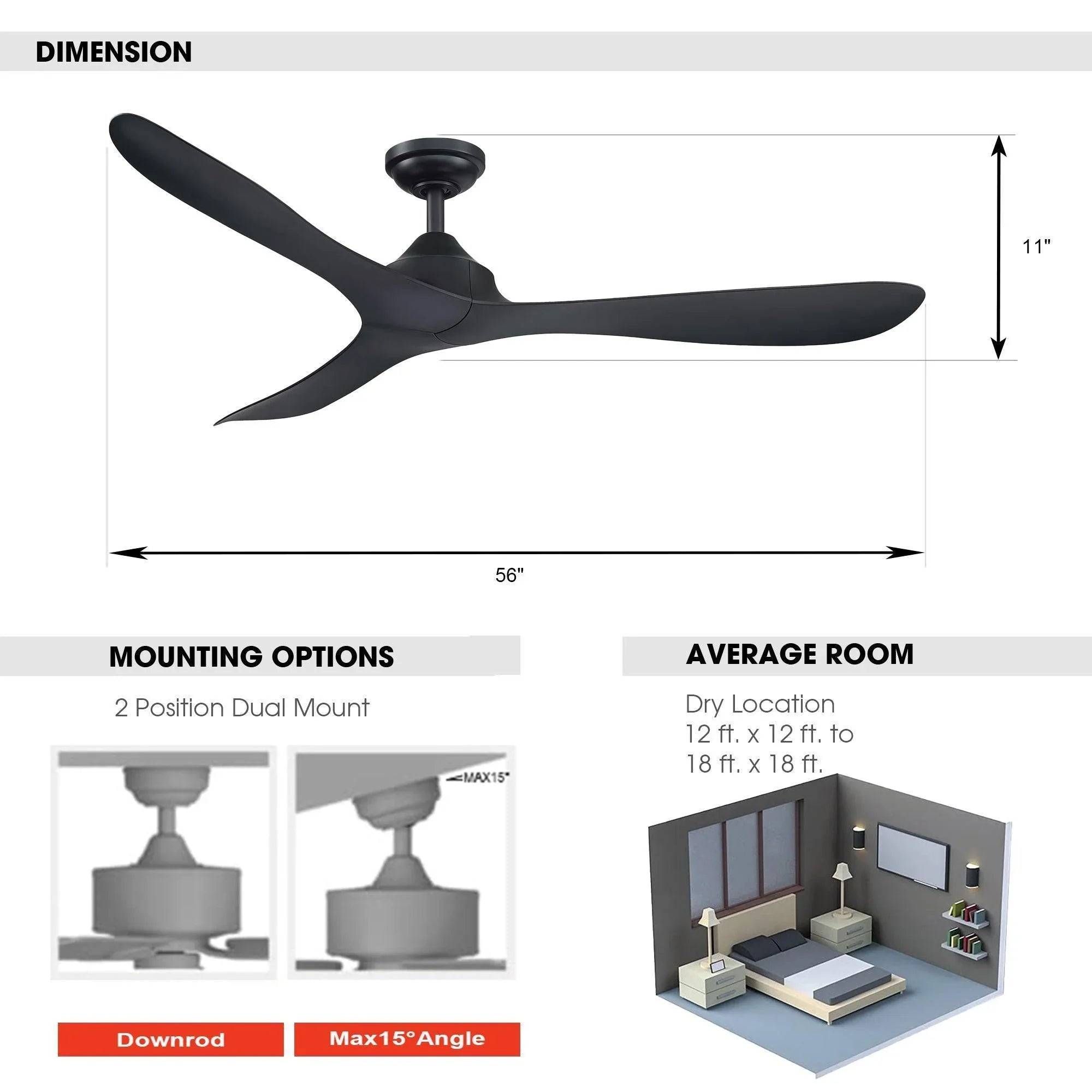 Black ceiling fan dimensions diagram and mounting options