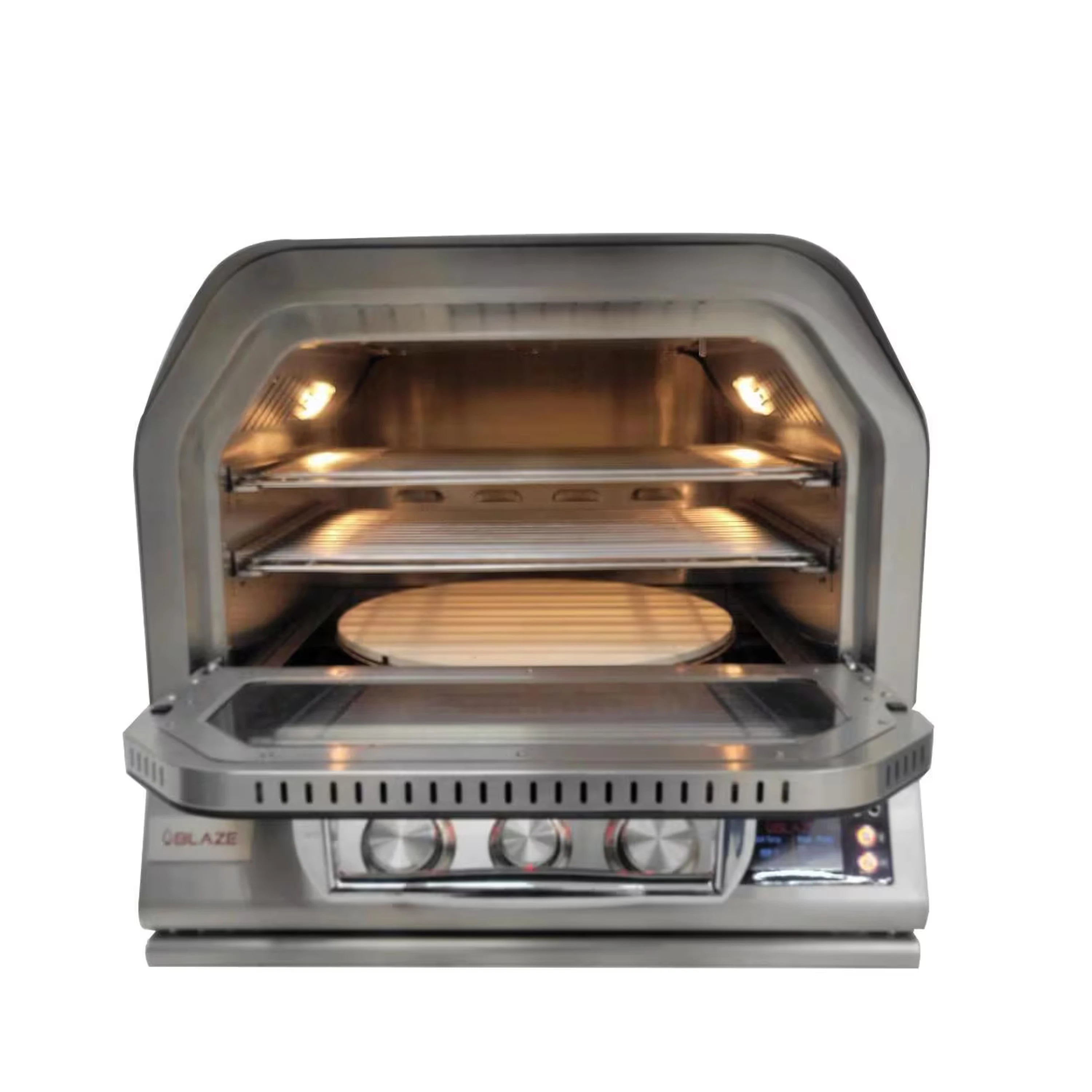 Stainless steel propane oven with open door, interior light, and pizza stone visible