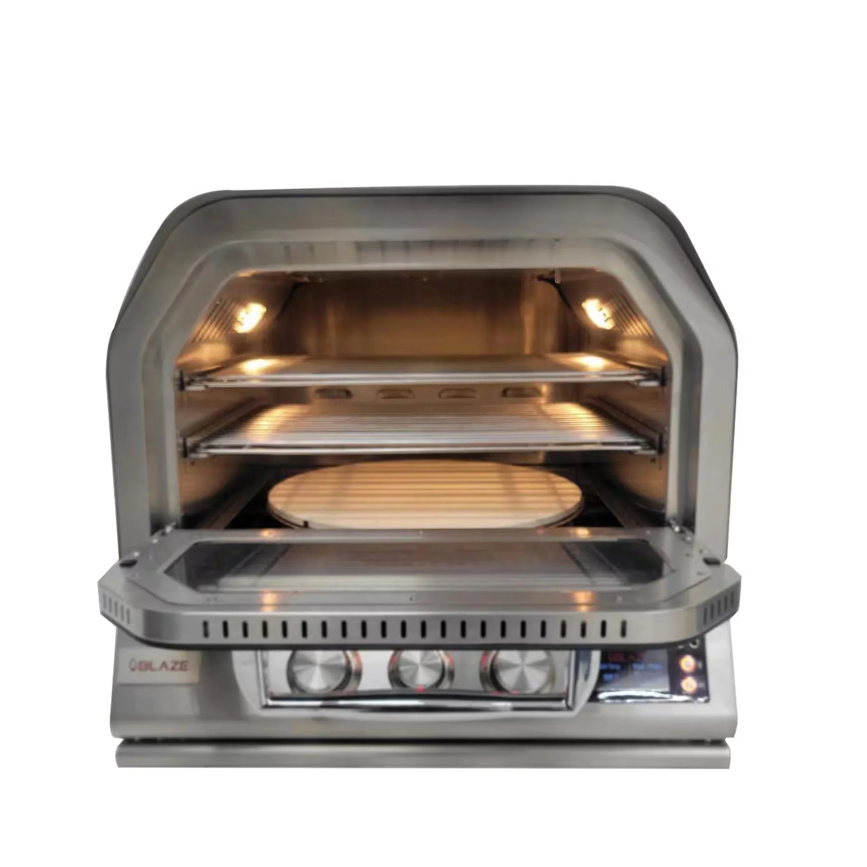 Stainless steel gas pizza oven with glowing interior and round stone baking surface