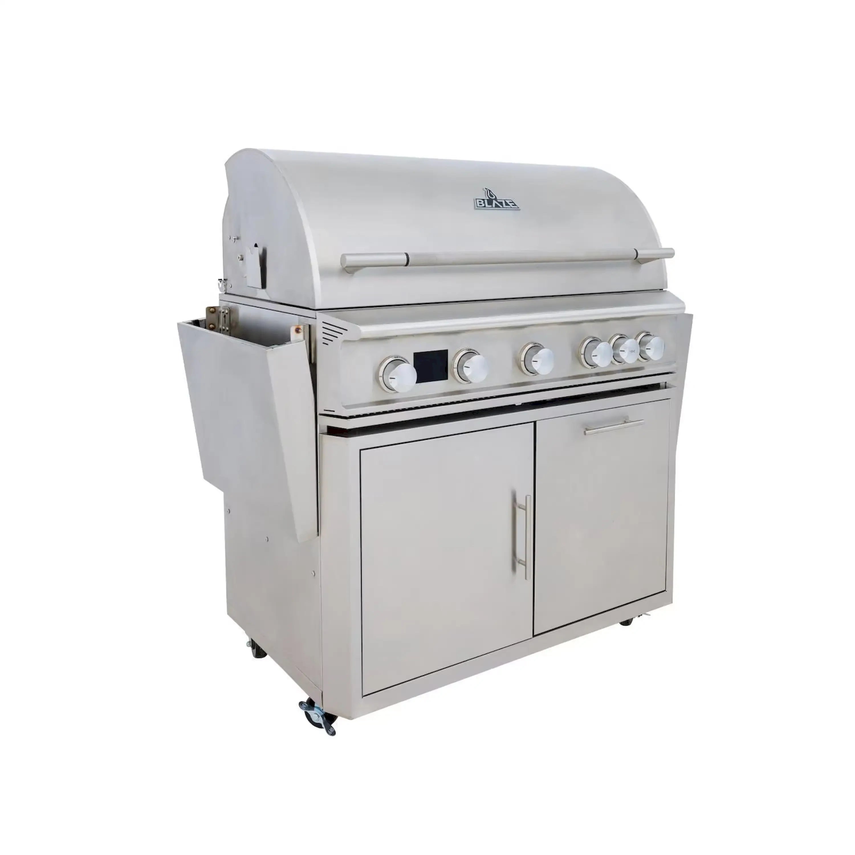 Natural gas freestanding grill with open lid, side shelf, and control knobs