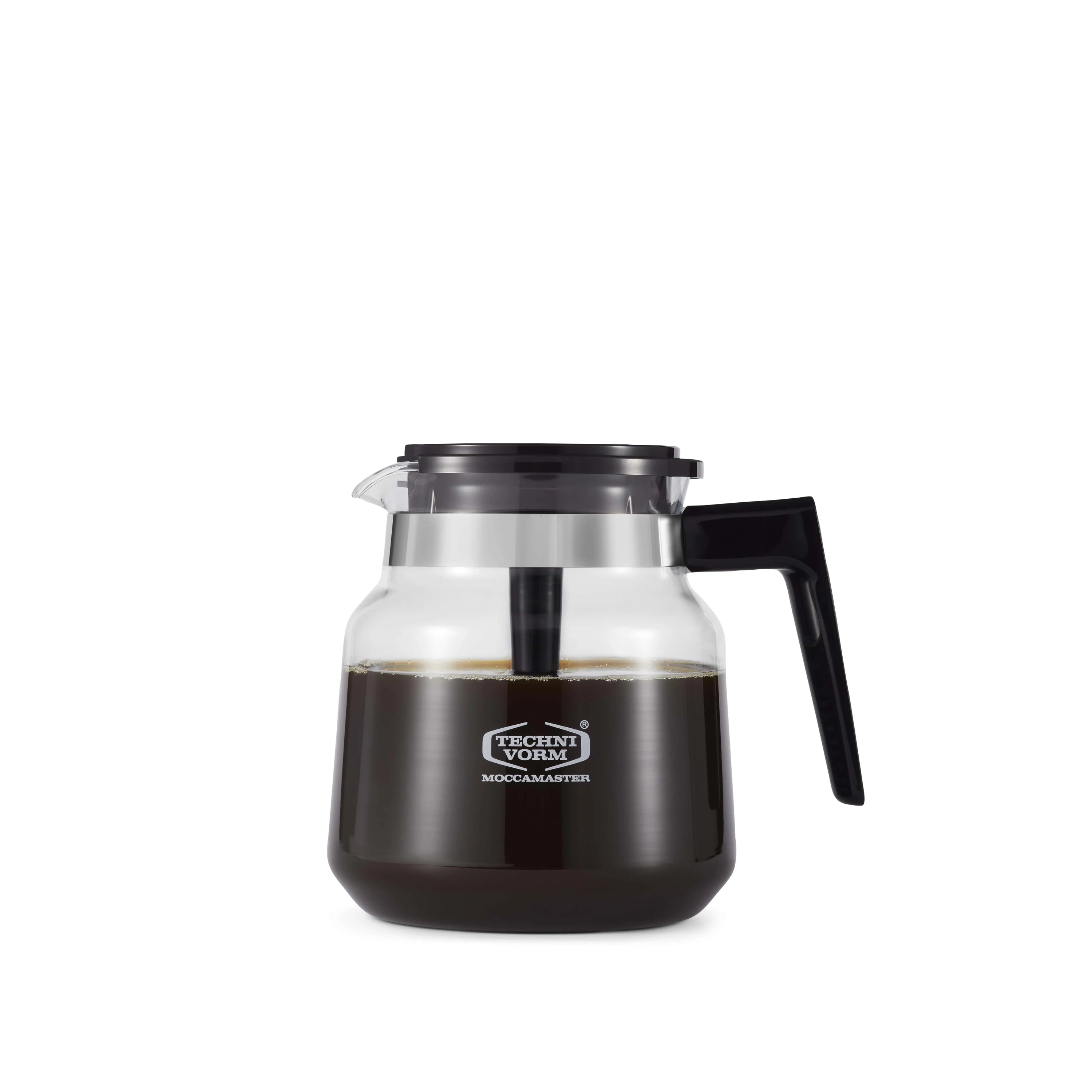 Glass coffee carafe with black handle and lid, stainless base band and spout