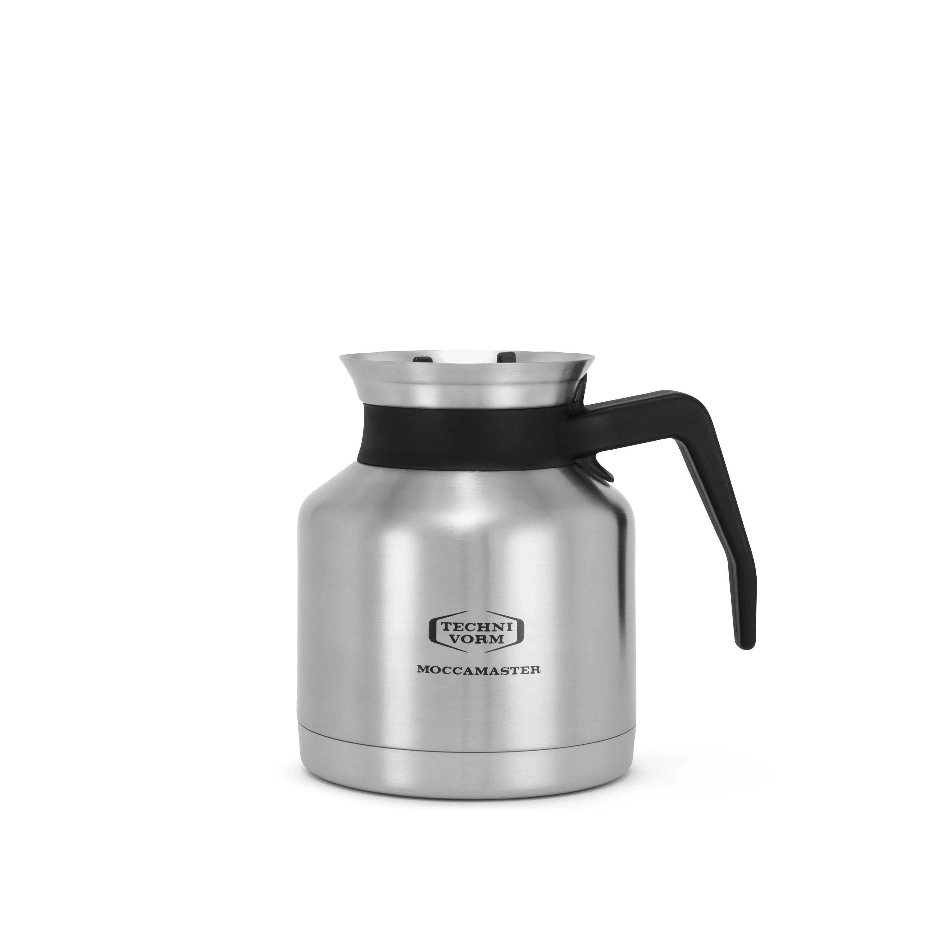 Stainless steel thermal coffee carafe with black handle and lid, 1L capacity