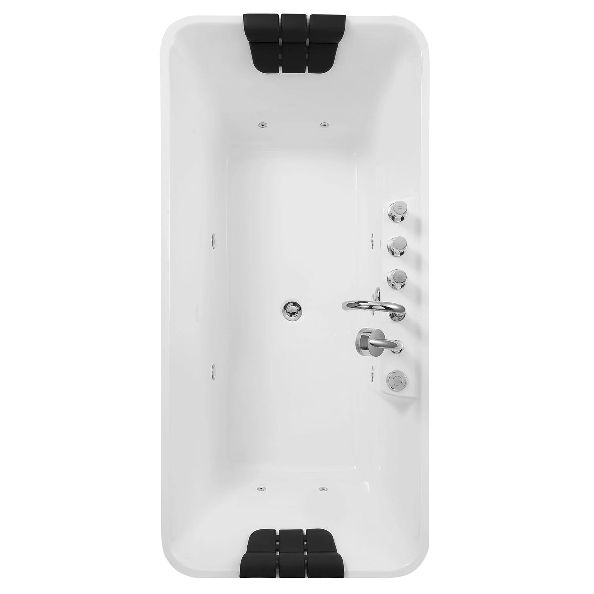 White acrylic bathtub interior with black headrest pads and chrome air-jet control panel.