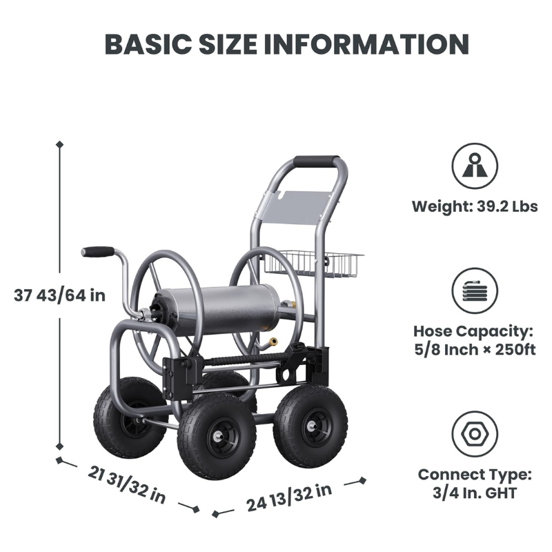 Hose reel cart with gray frame and four wheels, shown with dimensions and hose capacity