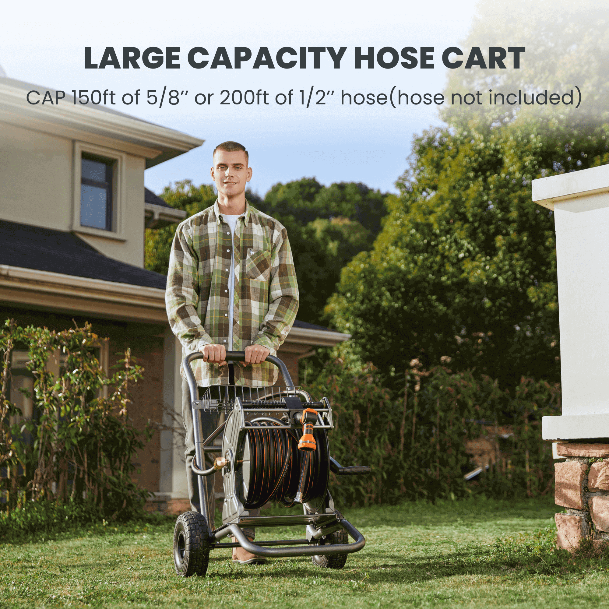 Garden hose reel cart on wheels with coiled hose near house wall