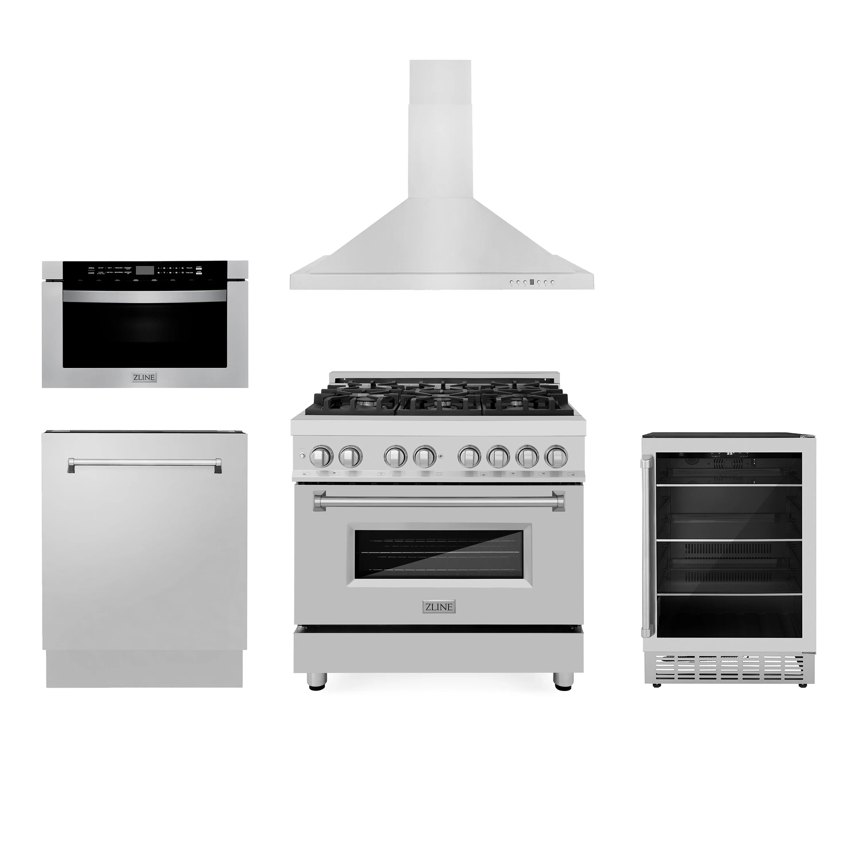 Kitchen appliance set: range hood, dual fuel range, microwave drawer, and fridge