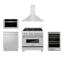 ZLINE Appliance Package - 36-Inch Dual Fuel Range, Range Hood, Microwave Drawer, Tall Tub Dishwasher and Wine Cooler in Stainless Steel (5KP-RARH36-MWDWV-RWV)