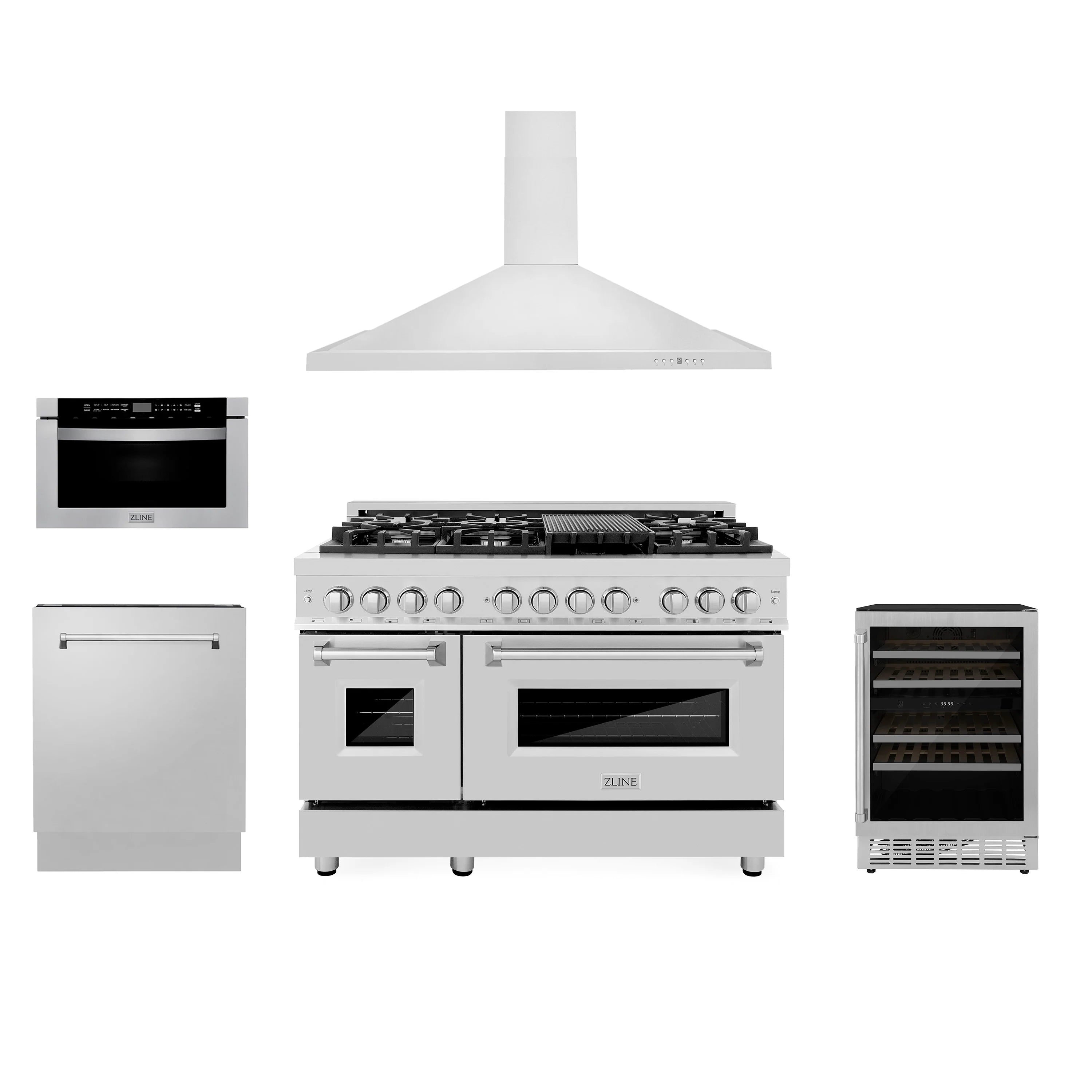 Stainless kitchen appliance package with range and hood, plus matching built-in units