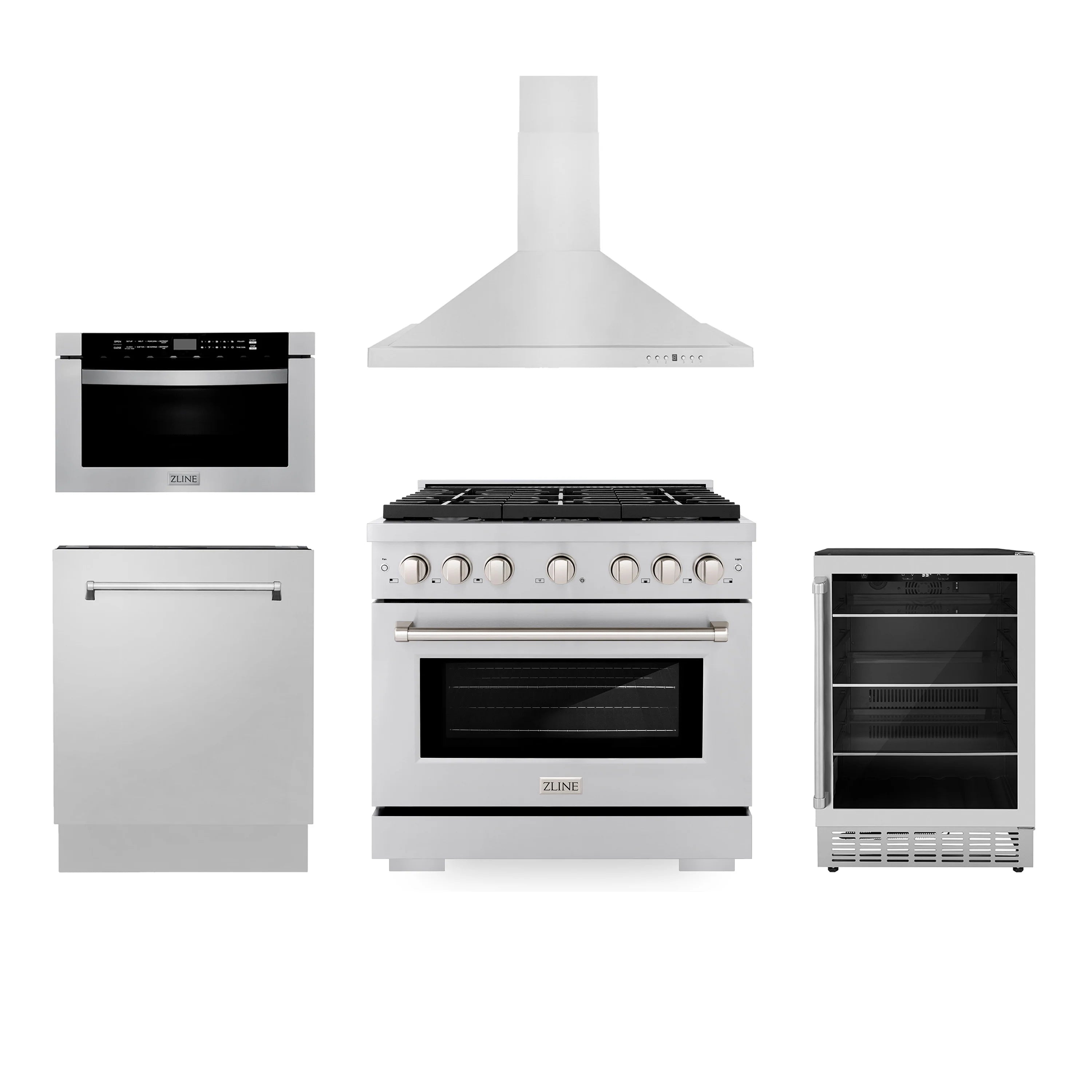 Kitchen appliance package with stainless steel gas range, hood, dishwasher, and fridge