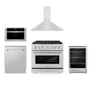 ZLINE Appliance Package - 36-Inch Gas Range, Range Hood, Microwave Drawer, Tall Tub Dishwasher and Beverage Fridge in Stainless Steel (5KP-SGRRH36-MWDWV-RBV)