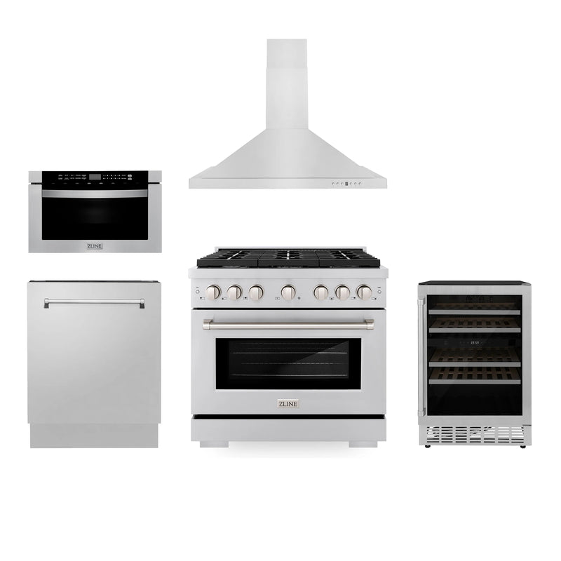ZLINE Appliance Package - 36-Inch Gas Range, Range Hood, Microwave Drawer, Tall Tub Dishwasher and Wine Cooler in Stainless Steel (5KP-SGRRH36-MWDWV-RWV)