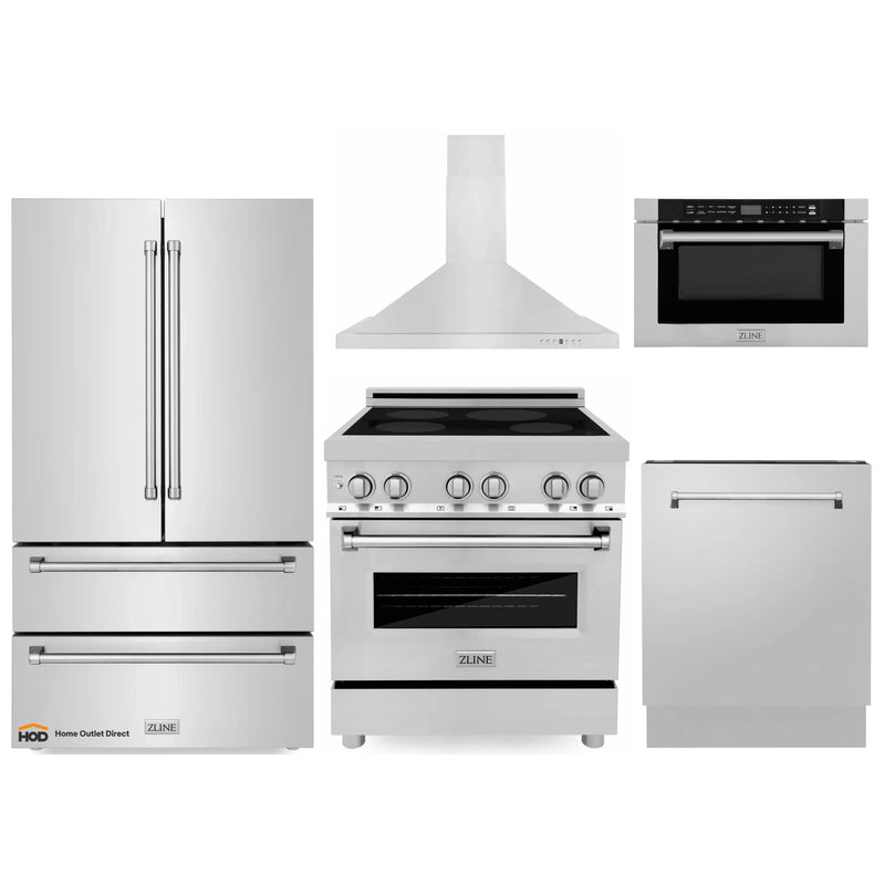 ZLINE 5-Piece Appliance Package - 30-Inch Induction Range, Wall Mount Range Hood, French Door Refrigerator, Dishwasher, and 24-Inch Microwave Drawer in Stainless Steel