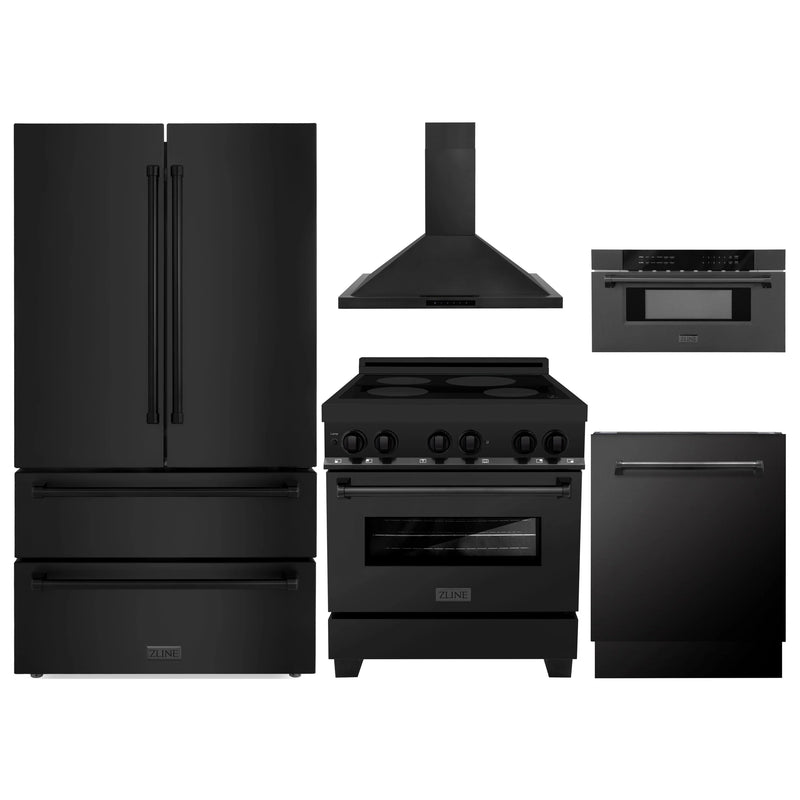 ZLINE 5-Piece Appliance Package - 30-Inch Induction Range, Wall Mount Range Hood, French Door Refrigerator, 3-Rack Dishwasher and 30-Inch Microwave Drawer in Black Stainless Steel