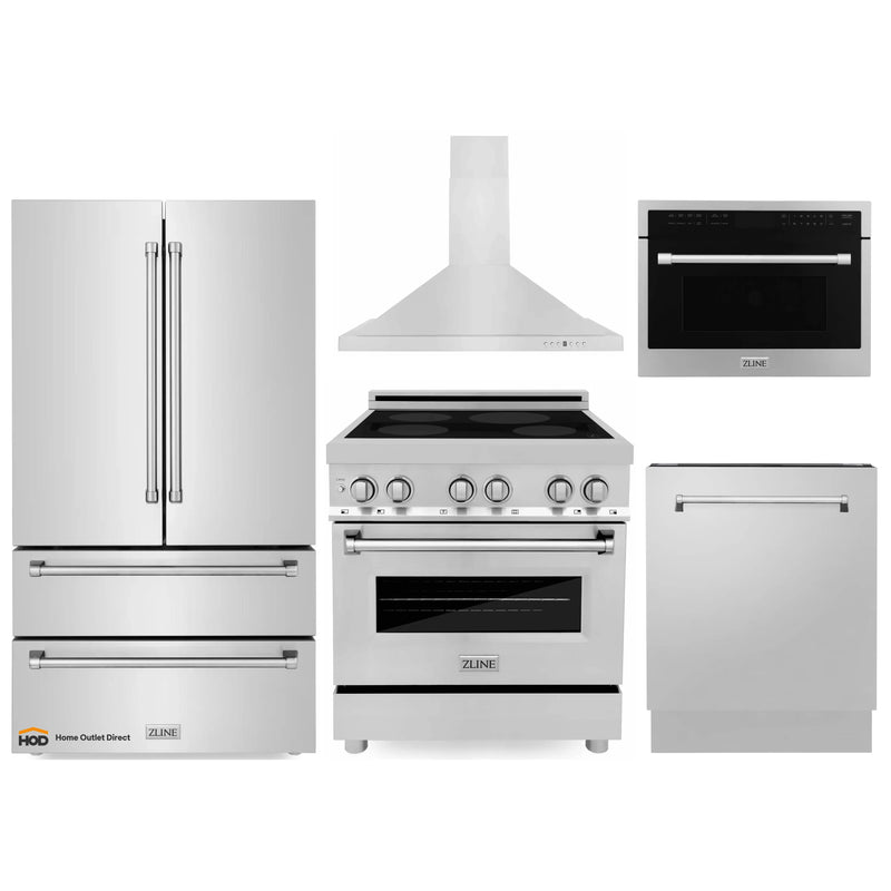 ZLINE 5-Piece Appliance Package - 30-Inch Induction Range, Wall Mount Range Hood, French Door Refrigerator, Dishwasher, and 24-Inch Microwave Oven in Stainless Steel