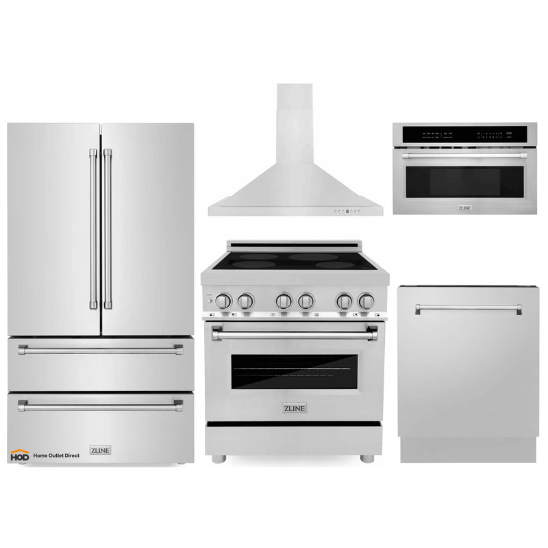 ZLINE 5-Piece Appliance Package - 30-Inch Induction Range, Wall Mount Range Hood, French Door Refrigerator, Dishwasher, and 30-Inch Microwave Oven in Stainless Steel